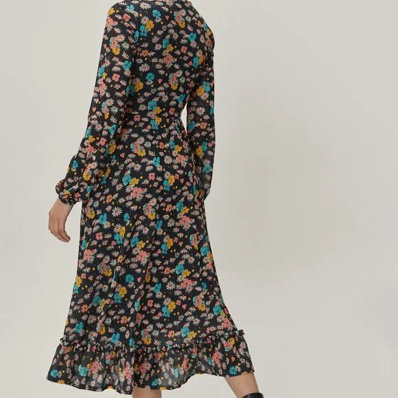 NWT Nasty Gal Floral Print Maxi Mid Smock Long Sleeves Women Cool Vibes Dress - Picture 7 of 9
